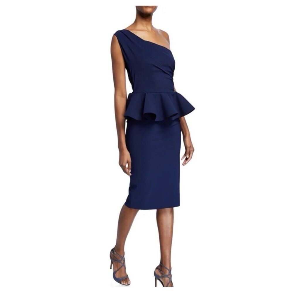 Chiara Boni La Petite Robe Navy One Shoulder Peplum  Cocktail Dress US 6 Stretch